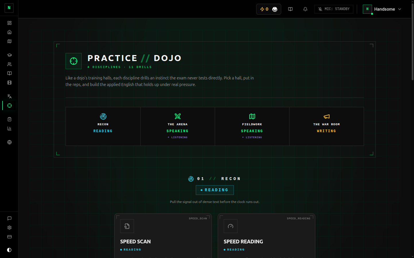 The Practice Dojo hub with its four training halls