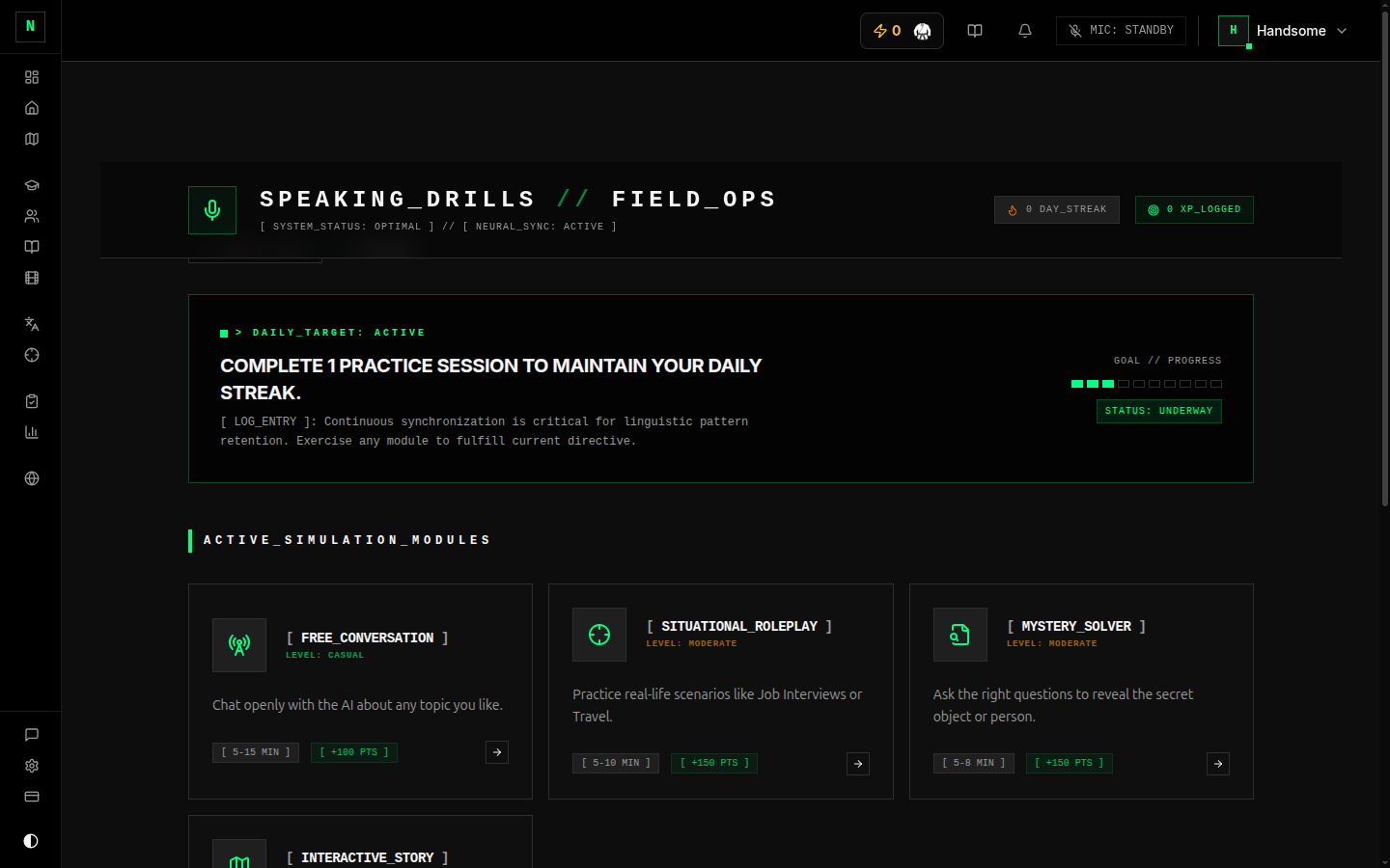 The Speaking Games menu