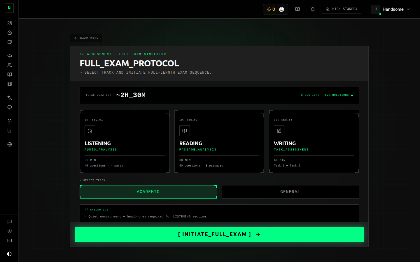 The Full Session setup screen