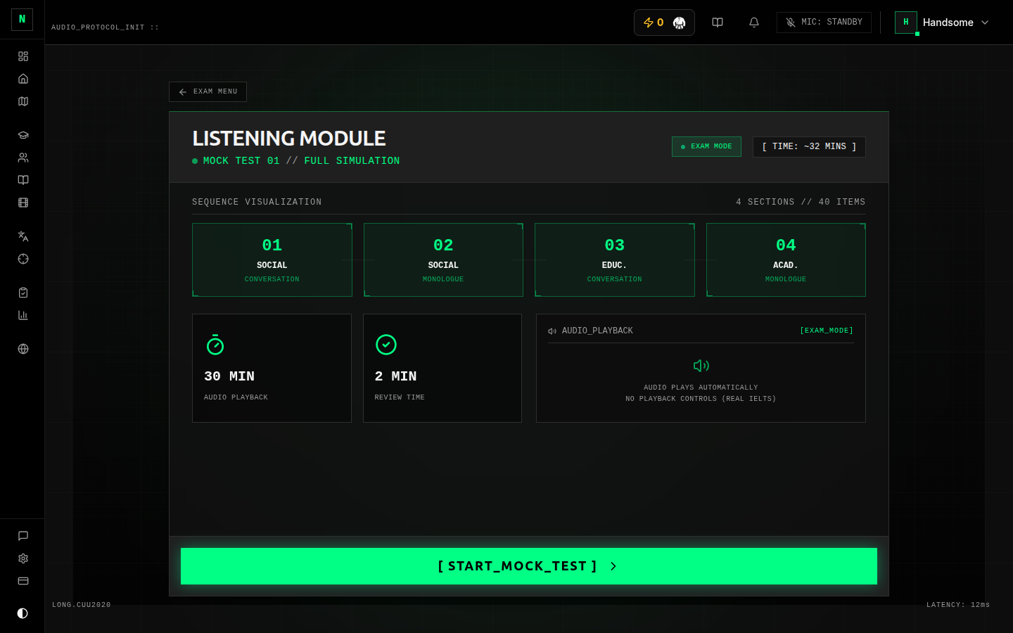 Listening setup — Exam/Practice toggle, section selector, question types