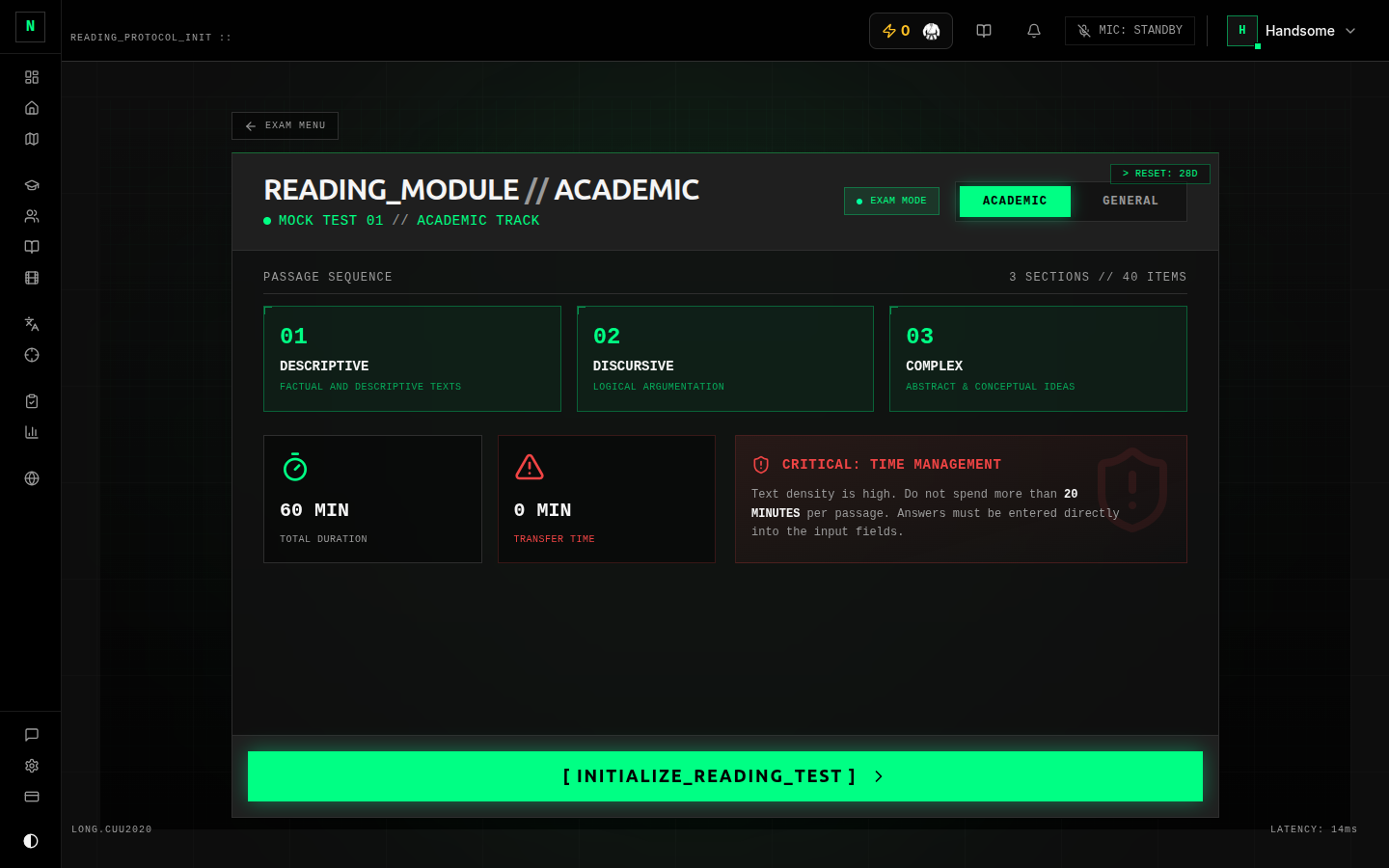 Reading setup — track selector, Exam/Practice, question types