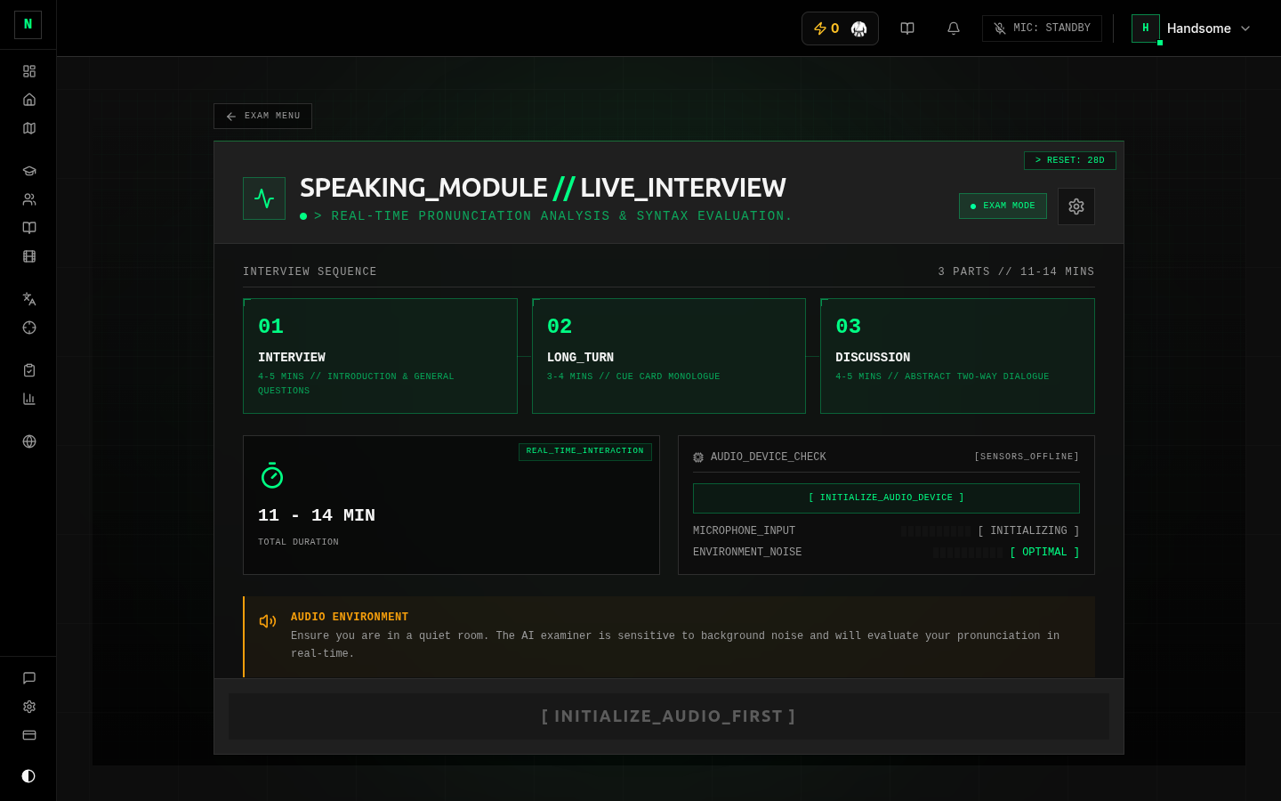 Speaking setup — avatar mode, examiner voice, and mic check