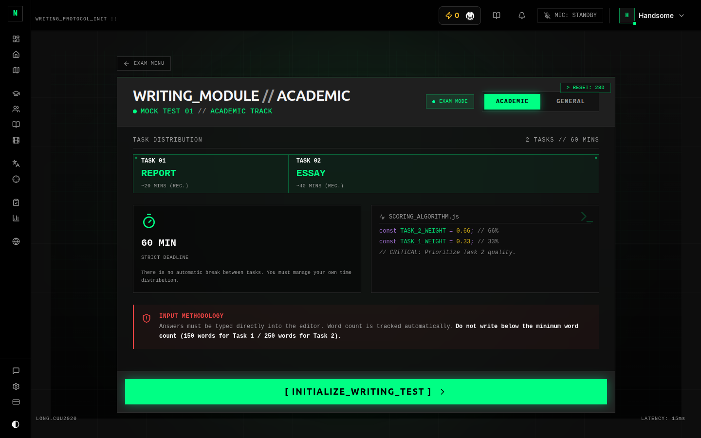 Writing setup — track selector, Task 1 type picker